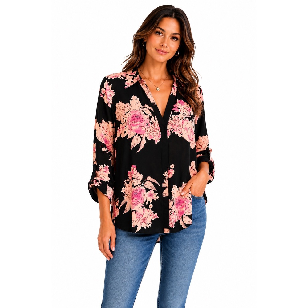 Candie's Black Pink Floral Blouse XL Roll Tab Sleeve Career Casual Top